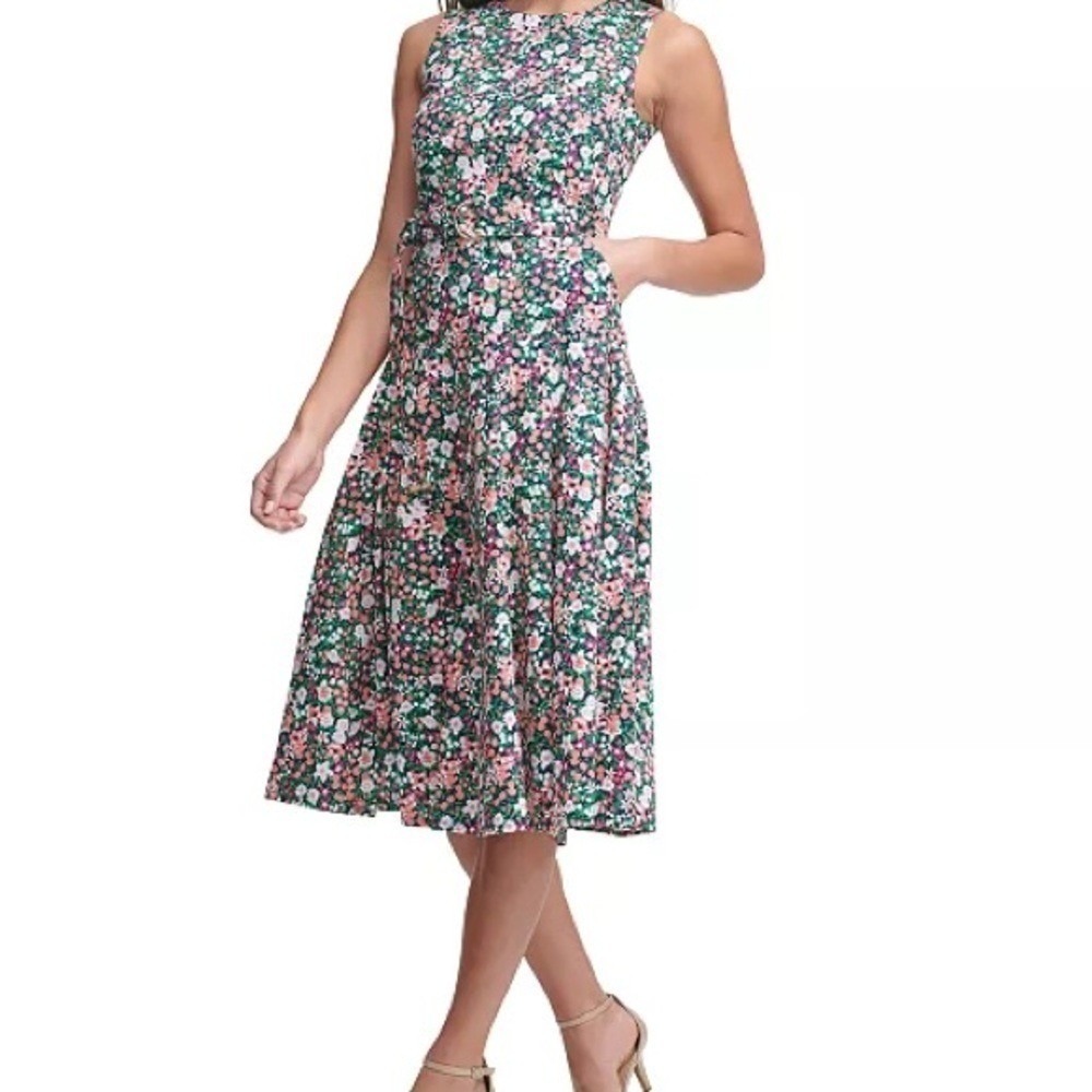 Tommy Hilfiger Floral‎ Belted Midi Dress Womens Sleeveless Knee Length